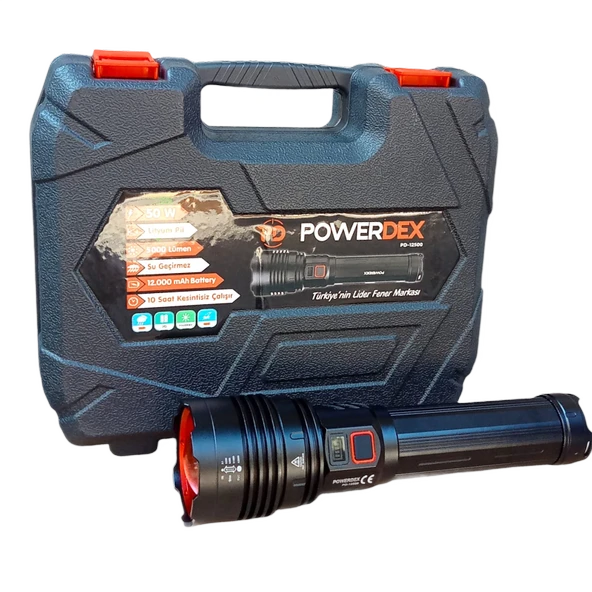 Powerdex PD-12500 50W 5000 Lümen Şarjlı Profesyonel Büyük Avcı Feneri Uzun Menzilli El Feneri Yüksek Işık Gücü Taşınabilir Aydınlatma