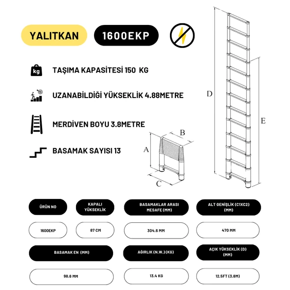 3.8m Kevlar Yalıtkan Uzatma Teleskopik Merdiven AC25kV - 2