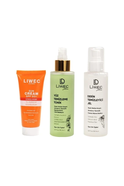 LIWECDERMA Liwec Derma 3'lü Set (DERİN TEMİZLEYİCİ JEL - YÜZ TEMİZLEME TONİK - GÜNEŞ KREMİ SPF 50+) - 3