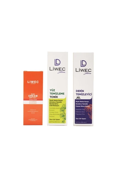 LIWECDERMA Liwec Derma 3'lü Set (DERİN TEMİZLEYİCİ JEL - YÜZ TEMİZLEME TONİK - GÜNEŞ KREMİ SPF 50+) - 2
