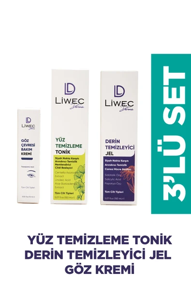 LIWECDERMA Liwec Derma 3'lü Set (DERİN TEMİZLEYİCİ JEL - YÜZ TEMİZLEME TONİK - GÖZ ÇEVRESİ BAKIM KREMİ)