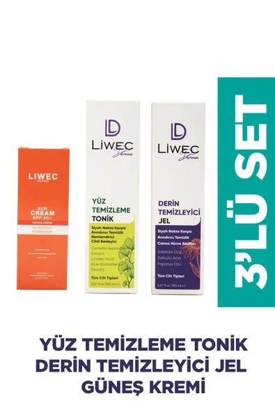 LIWECDERMA Liwec Derma 3'lü Set (DERİN TEMİZLEYİCİ JEL - YÜZ TEMİZLEME TONİK - GÜNEŞ KREMİ SPF 50+)