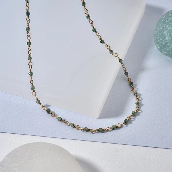 14 Ayar Altın Kaplama Zümrüt  Doğal Taşlı  El Yapımı Gümüş Kolye - CNS00634 - Resim 2