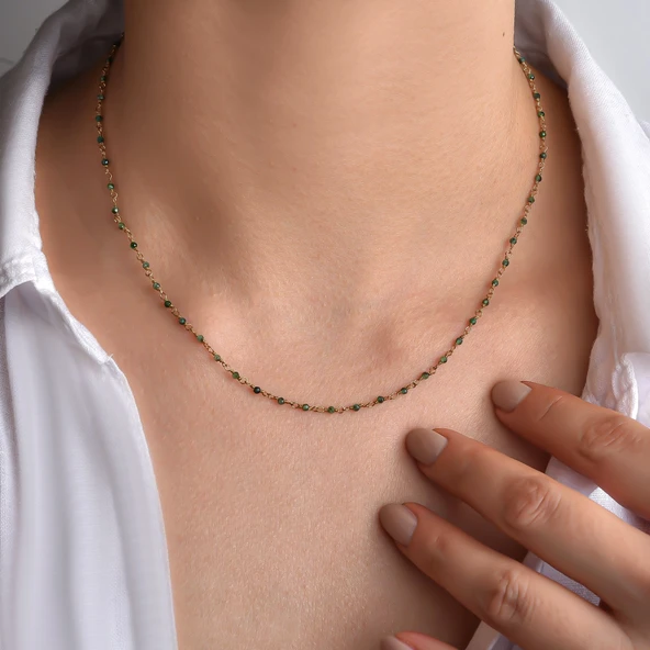 14 Ayar Altın Kaplama Zümrüt  Doğal Taşlı  El Yapımı Gümüş Kolye - CNS00634 ürün görseli 1