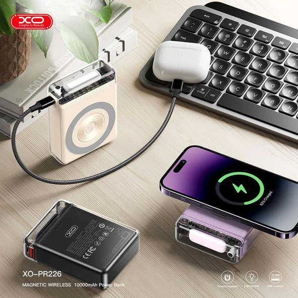 XO PR226 MagSafe İle Uyumlu Fenerli Powerbank, 10000 mAh Taşınabilir Şarj Cihazı, 20W PD + 22.5W USB Hızlı Şarj, 15W Kablosuz Şarj, Şeffaf (Bej) - Resim 3