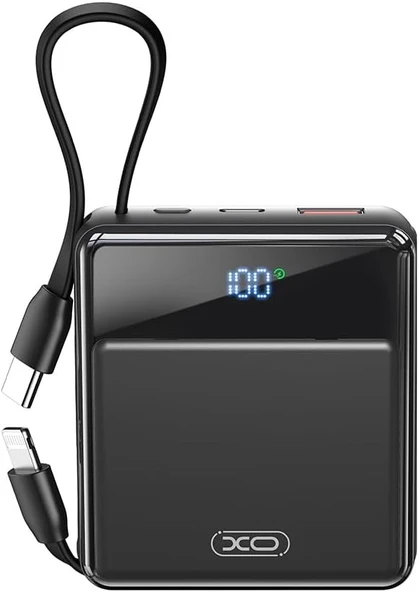 XO PR224 Taşınabilir Hızlı Şarj Powerbank, 10000mAh, Type-C ve Lightning Kablolu, 20W PD Hızlı Şarj, LED Ekran, Çift Port, Akım Korumalı (Siyah) ürün görseli 1