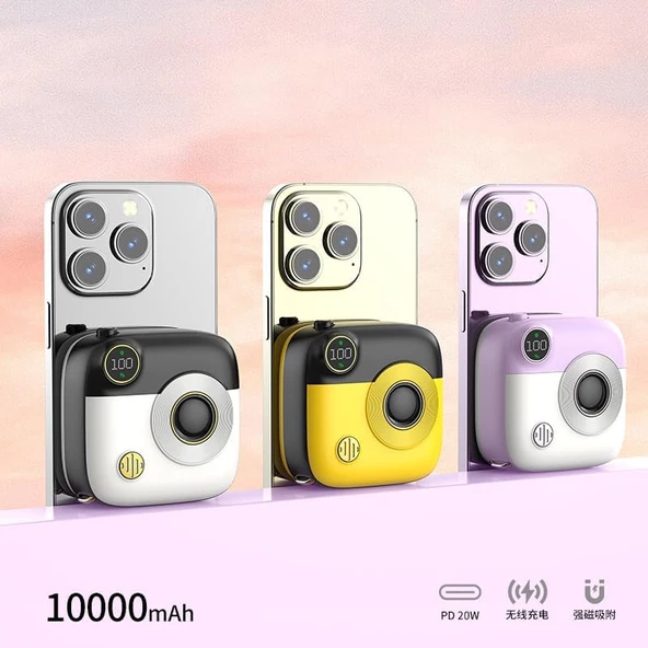 XO Retro Kamera Görünümlü Manyetik Kablosuz Powerbank, 10000mAh, MagSafe İle Uyumlu, LED Ekranlı, PR223, Taşınabilir, 20W Type-C giriş, Avuç İçi Boyutunda (Siyah-Sarı) - 2