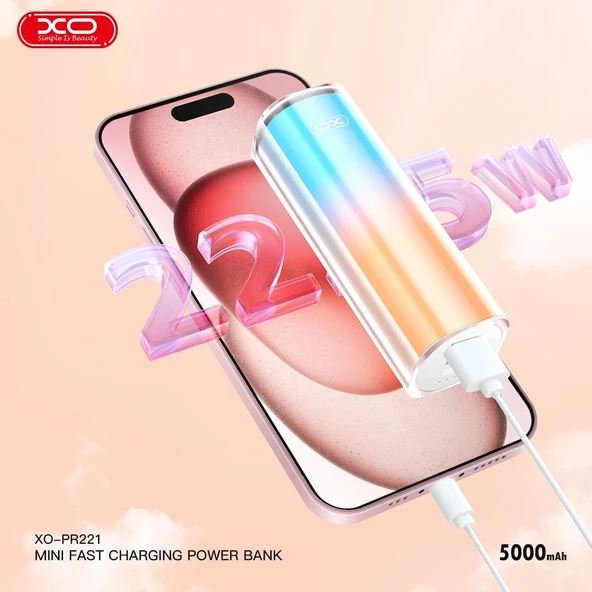 XO PR221 Mini Hızlı Şarj PowerBank, 5000mAh, 22.5W Hızlı Şarj, Çift Port USB-C ve USB-A, LED Gösterge, Çok Renkli - Resim 3
