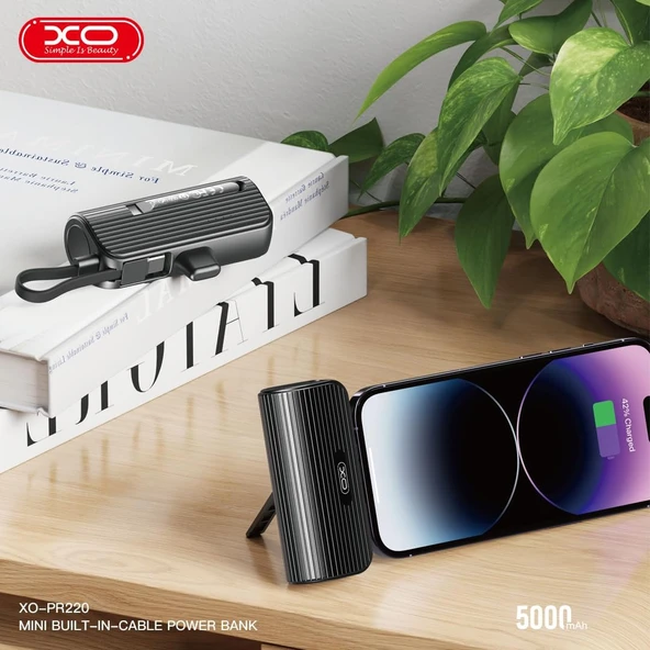 XO PR220 Mini Type-C Stand Powerbank, 5000mAh Kapasiteli, 20W Type-C PD Hızlı Şarj, Destek Ayaklı, Siyah - Resim 3