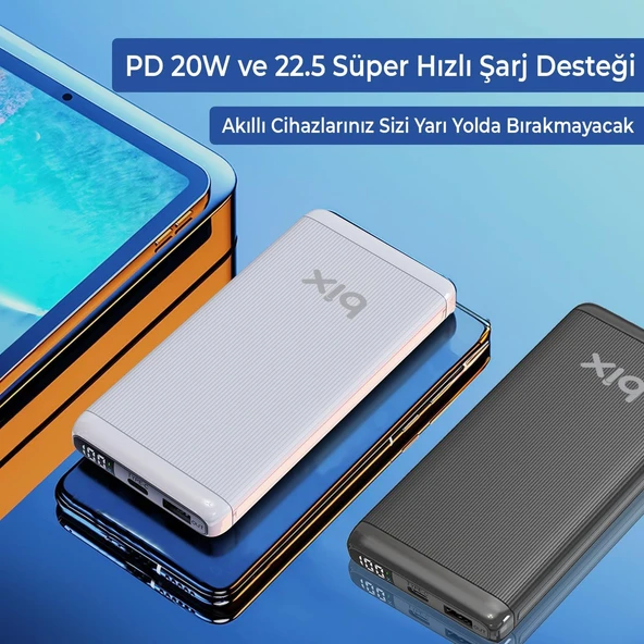 Bix BXPB107 10000mAh 20W PD Type-C ve USB-A SCP 22.5W QC 3.0 18W Çift Çıkışlı LED Ekranlı Powerbank Siyah - Resim 2