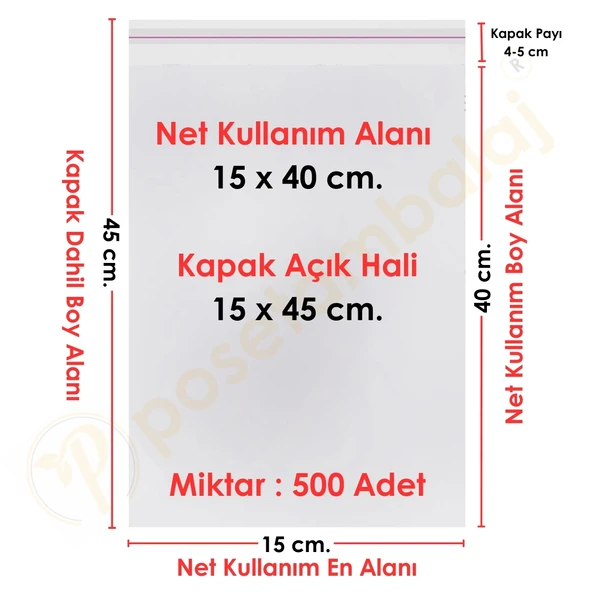 15x40+5 cm.(15x45) 500 Adet Şeffaf Bantlı Yapışkanlı OPP Poşet
