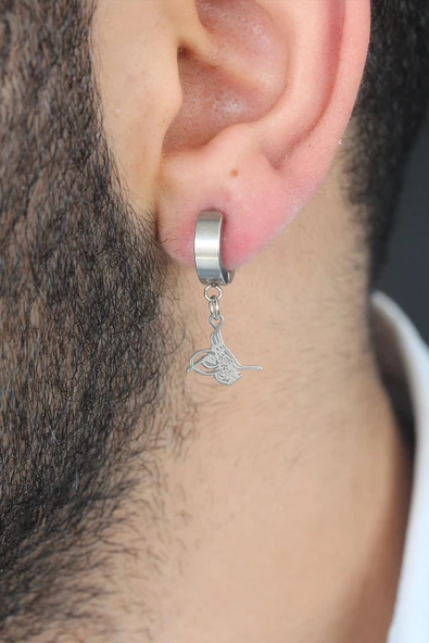 Silver Renk Kaplama Osmanlı Tuğra Figürlü Kıstırmalı Çelik Erkek Küpe - TJ-EKP117 - 2