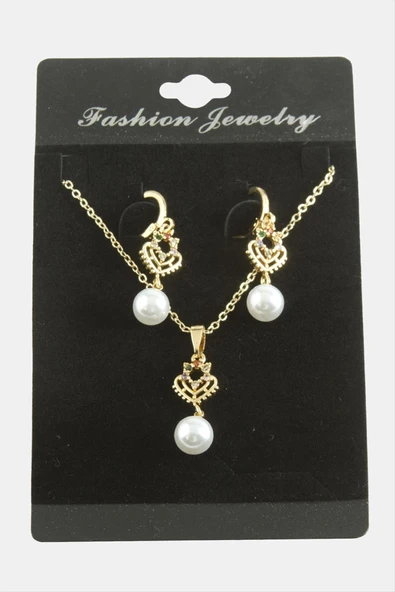 Kalp İnci Zirkon Taşlı Set Kolye - Resim 3