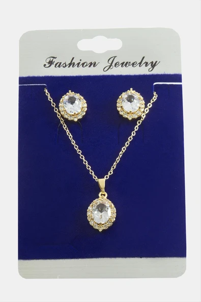 Oval Zirkon Taşlı Set Kolye - Resim 3