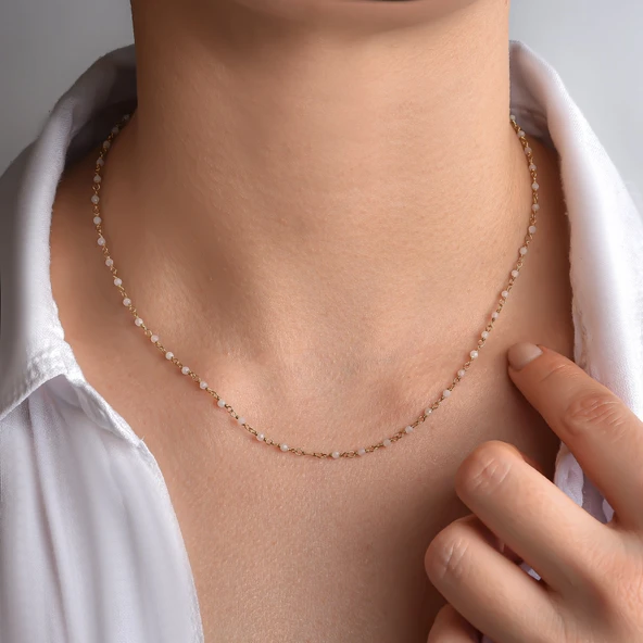 14 Ayar Altın Kaplama Rose Kuvars Ham Değerli Taş Gümüş Choker- CNS00637 - 3
