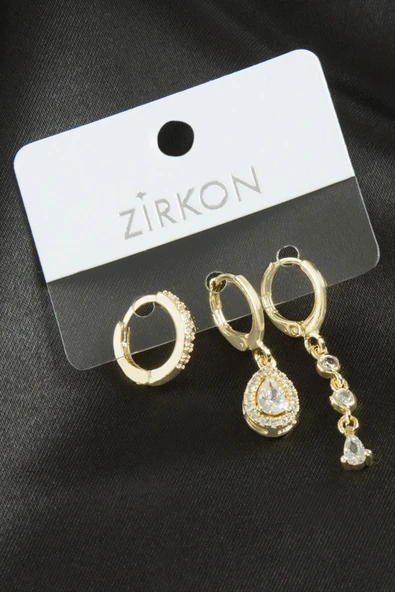 3 Adet Damla Zirkon Taşlı Küpe - Resim 3