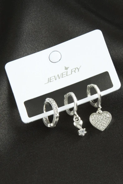 3 Adet Kalp Zirkon Taşlı Küpe - Resim 2