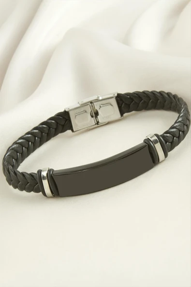 Örgülü İsim Yazılabilir Deri Çelik Bileklik - Resim 4