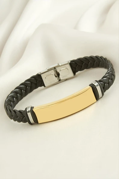 Örgülü İsim Yazılabilir Deri Çelik Bileklik - Resim 3