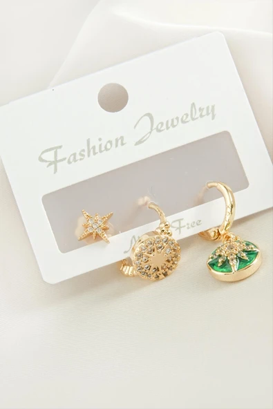 3 Adet Yıldız Zirkon Taşlı Küpe - Resim 3