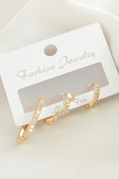 3 Adet Zikzak Zirkon Taşlı Küpe - Resim 2