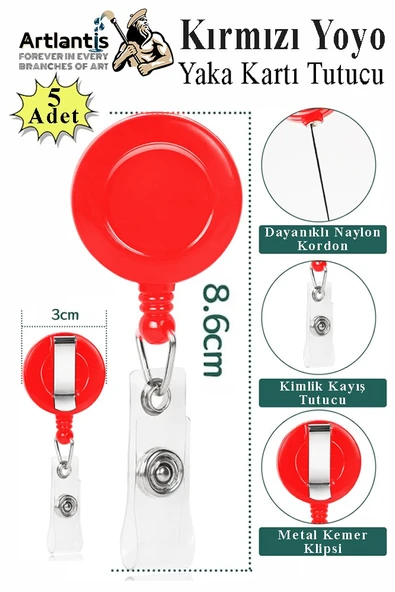 Kırmızı Yaka Yoyosu 5 Adet Yoyo Kartlık Kimlik Personel Kartı Yoyo Yaka Cep Kemer Geri Çekilebilir Rozet Tutma Makara