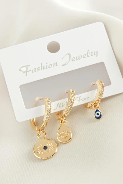 3 Adet Göz Zirkon Taşlı Küpe - Resim 3