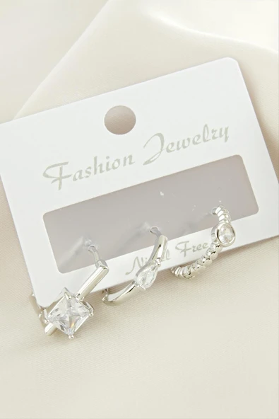 3 Adet Kare Zirkon Taşlı Küpe - Resim 3