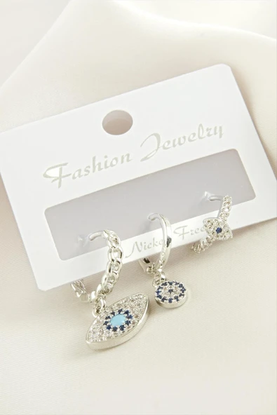 3 Adet Oval Nazar Zirkon Taşlı Küpe - Resim 3