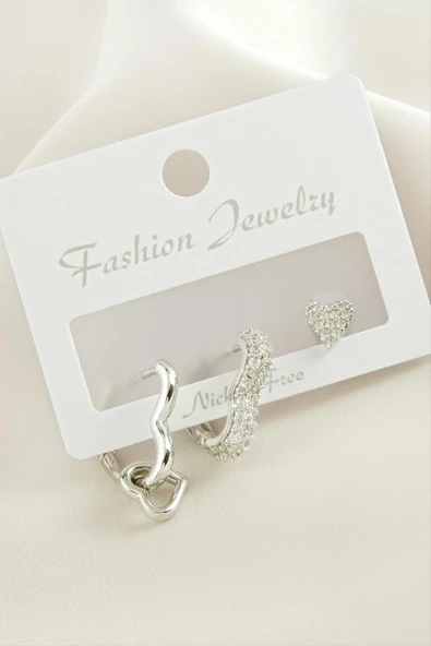 3 Adet Kalp Zirkon Taşlı Küpe ürün görseli