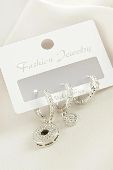 3 Adet Yuvarlak Zirkon Taşlı Küpe - Resim 3