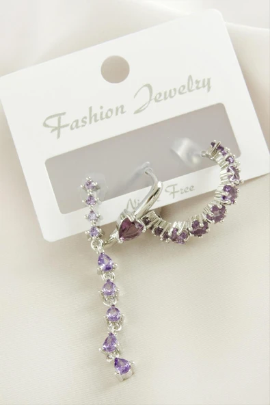 3 Adet Kalp Zirkon Taşlı Küpe - Resim 3