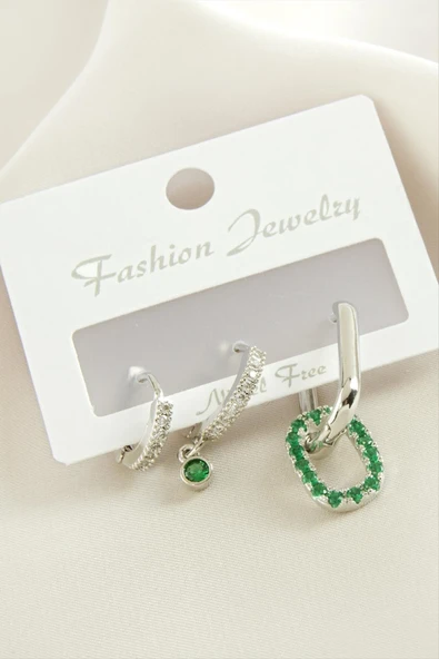 3 Adet Oval Zirkon Taşlı Küpe - Resim 2