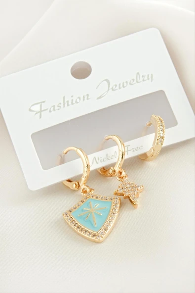 3 Adet Yıldız Zirkon Taşlı Küpe - Resim 3