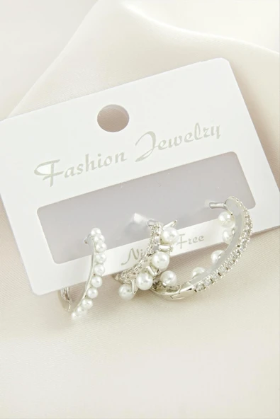 3 Adet Çivi İnci Zirkon Taşlı Küpe ürün görseli