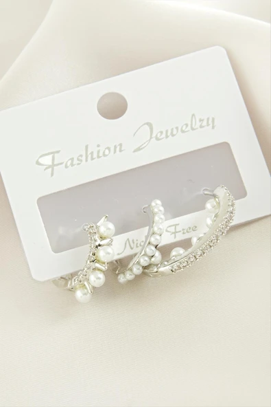 3 Adet Çivi İnci Zirkon Taşlı Küpe - Resim 3