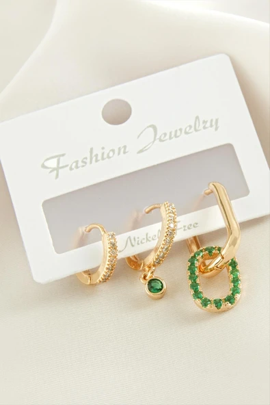 3 Adet Oval Zirkon Taşlı Küpe - Resim 3