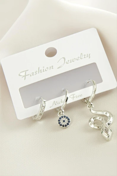 3 Adet Yılan Zirkon Taşlı Küpe - Resim 2