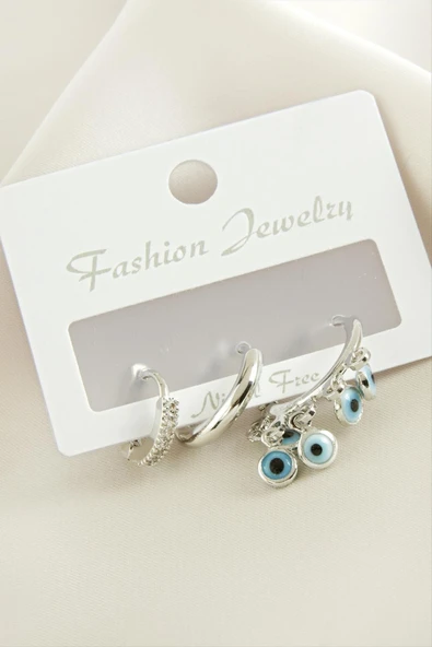 3 Adet Nazar Zirkon Taşlı Küpe - Resim 3