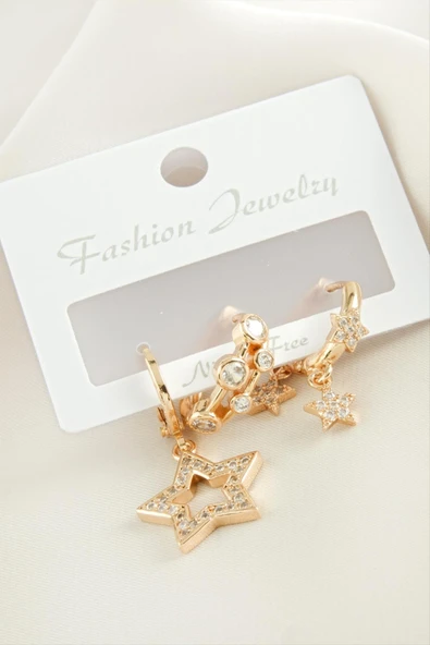 3 Adet Yıldız Zirkon Taşlı Küpe - Resim 2