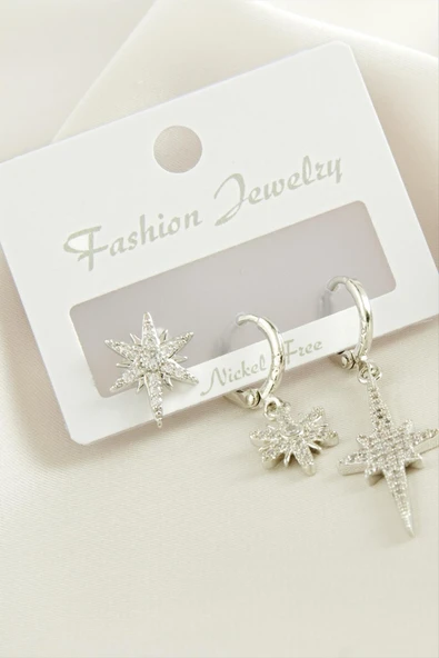 3 Adet Yıldız Zirkon Taşlı Küpe ürün görseli 1