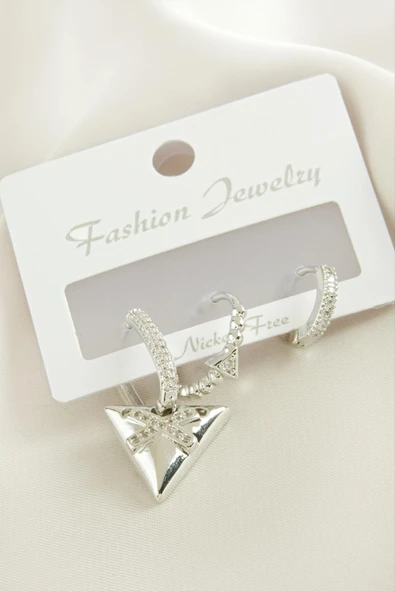 3 Adet ÜçgenZirkon Taşlı Küpe - Resim 2