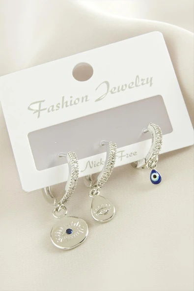 3 Adet Göz Zirkon Taşlı Küpe - Resim 2