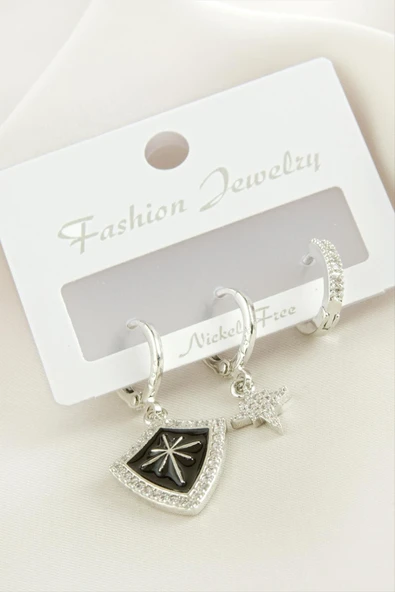 3 Adet Yıldız Zirkon Taşlı Küpe - Resim 2