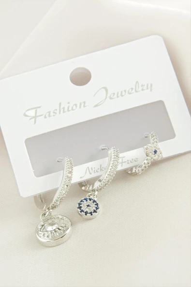 3 Adet Göz Zirkon Taşlı Küpe - Resim 3