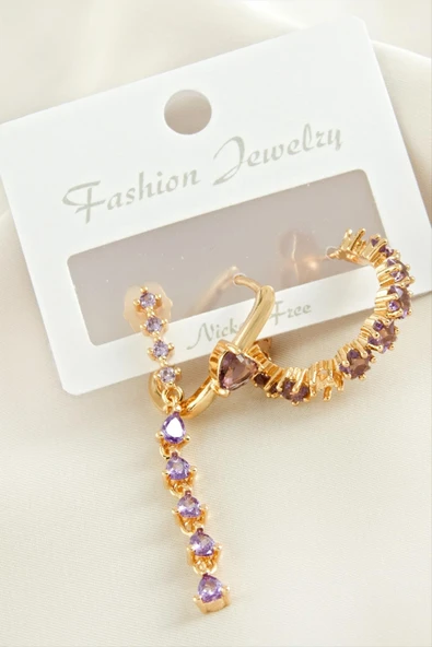 3 Adet Kalp Zirkon Taşlı Küpe - Resim 2