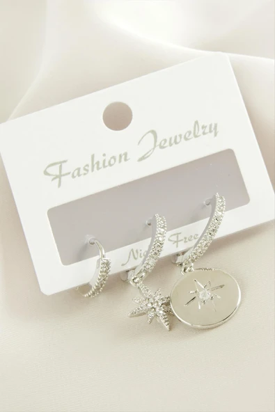 3 Adet Yıldız Zirkon Taşlı Küpe - Resim 2