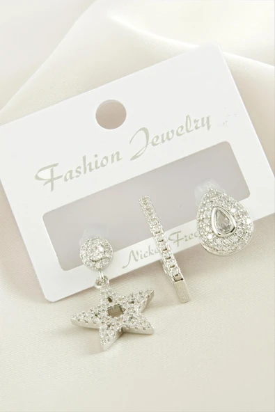 3 Adet Yıldız Zirkon Taşlı Küpe - Resim 3