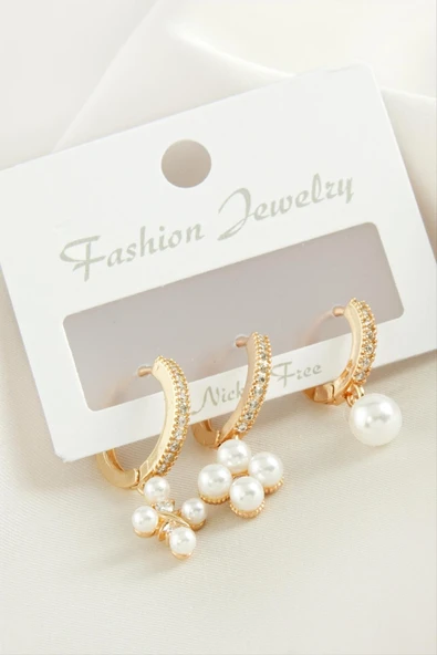 3 Adet Çiçek İnci Zirkon Taşlı Küpe - Resim 2