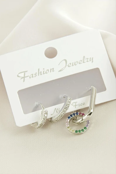 3 Adet Halka Zirkon Taşlı Küpe - 2